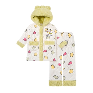 蜡笔小新儿童睡衣女孩宝宝冬天加厚保暖三层夹棉珊瑚绒家居服套装