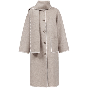 ONLY2025冬季新款绵羊毛桑蚕丝撞色锁边长款围巾双面毛呢大衣外套