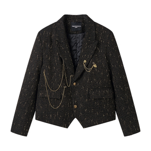 白口阳【小提琴家】满天星挂链装饰黑色单排扣小香风西装毛呢外套