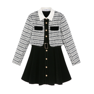 法式小香风假两件连衣裙女秋冬季高级感甜美富家千金加厚丝绒裙子