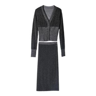 YongLeap柜品早春新品高级感V领金银线亮丝针织开衫+半裙包臀套装