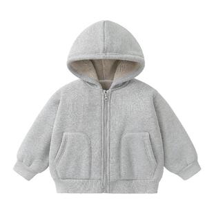 右欧男女童加绒连帽卫衣纯色百搭秋冬季新款童装时髦休闲儿童外套