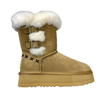 皮带扣雪地靴真皮羊毛皮毛一体