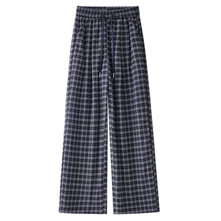 拉夏贝尔格子窄版直筒裤女春季2026新款高腰垂感显瘦阔腿休闲裤子