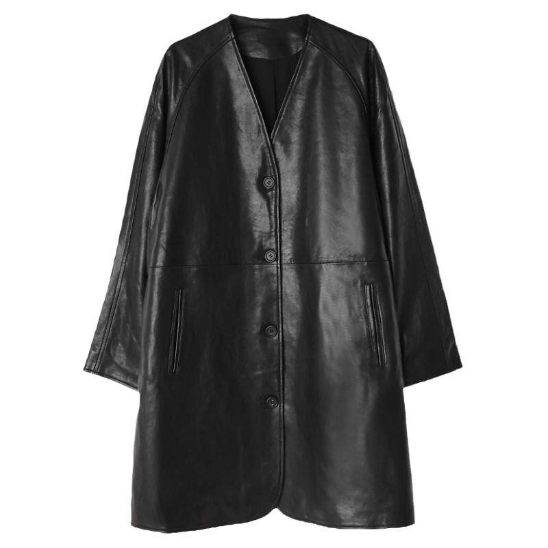 名媛私服小羊皮法式大V中长外套