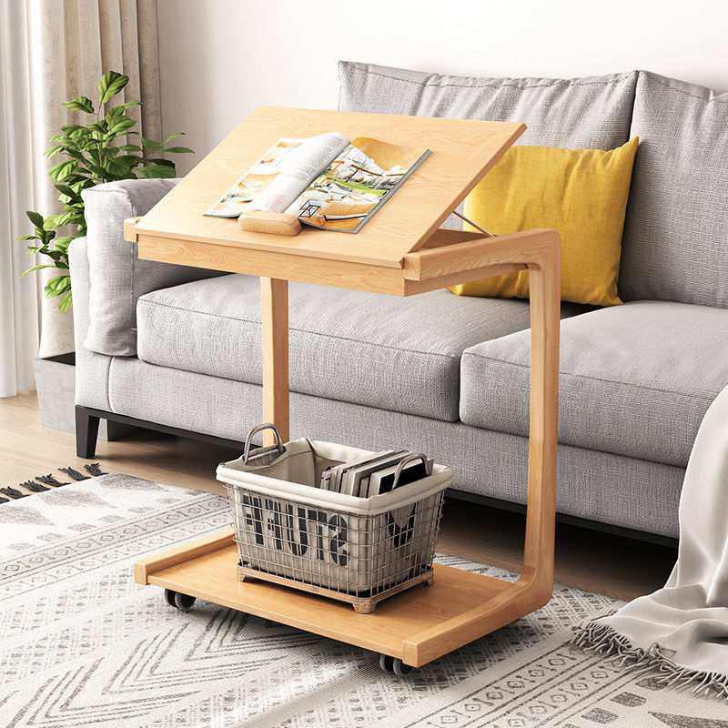 全实木沙发边几可移动U型角几床头床边桌客厅C型小茶几带轮子边柜