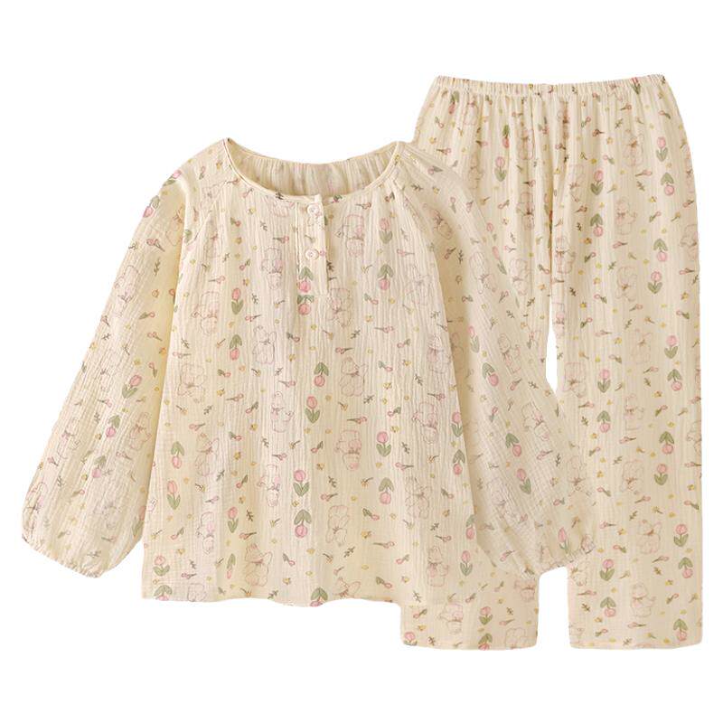 『花花奶兔』卡通小清新兔子睡衣女春秋长袖纯棉纱布可爱家居服套