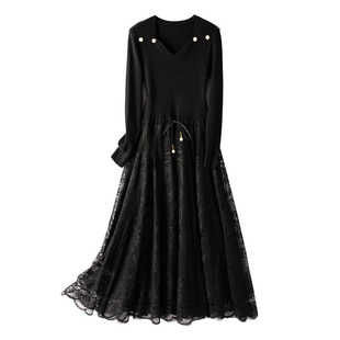 V领打底裙2025秋冬新款大码女装配大衣蕾丝长裙假两件针织连衣裙