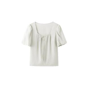 TKY SHOP方领泡泡袖衬衫女夏法式气质甜美设计感套头刺绣短袖衬衣