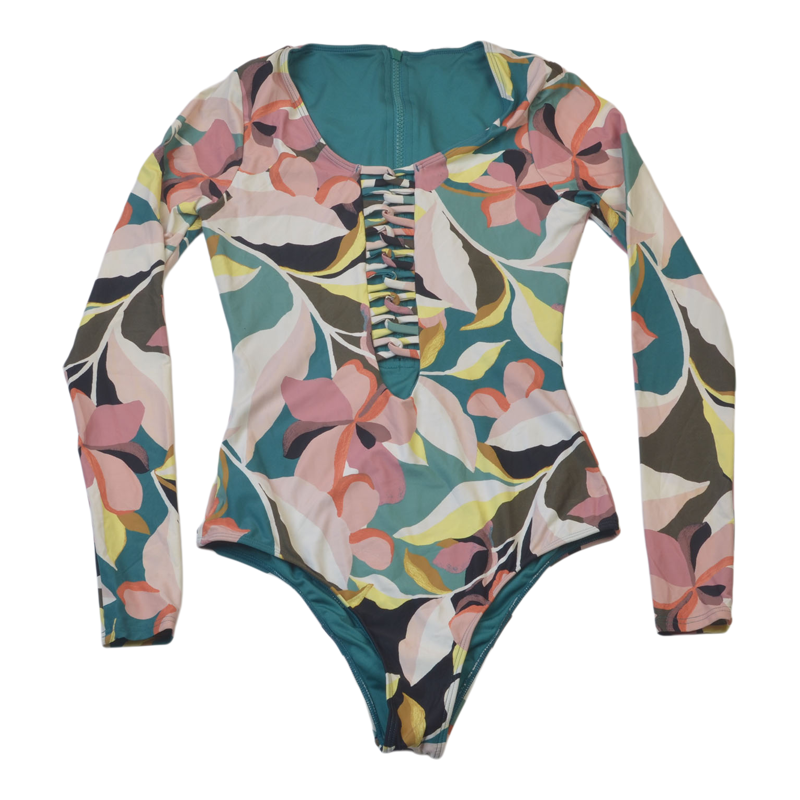 新款澳洲品牌O家聚拢显瘦度假长袖印花连体泳衣防晒冲浪衣女泳装