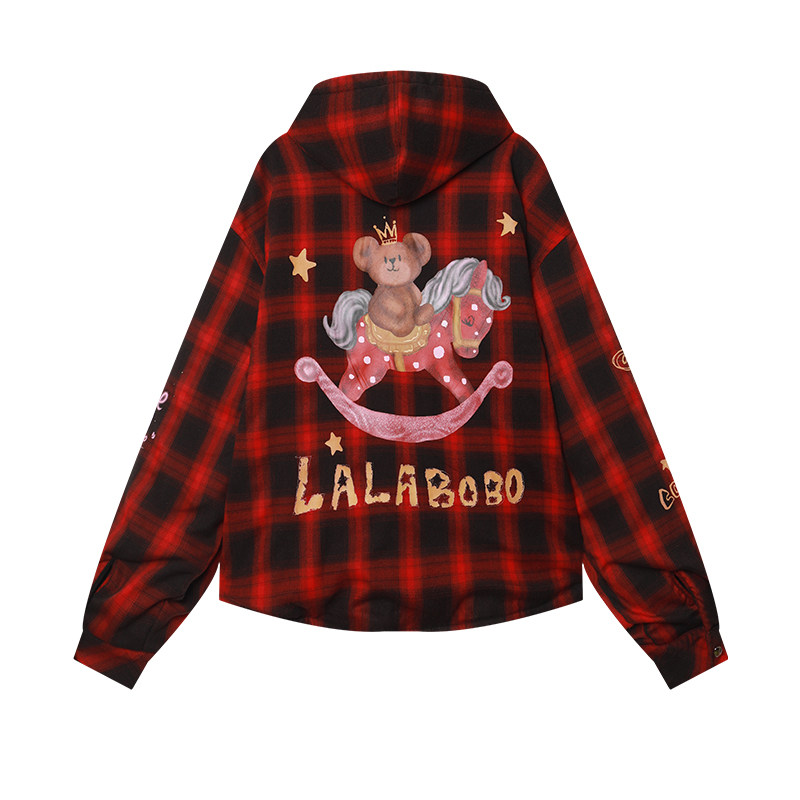 【新年红色】LALABOBO25年冬新款格纹夹棉上衣女宽松连帽棉服外套
