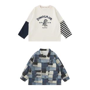 幼悠男童小恐龙系列 春季洋气可爱假两件T恤牛仔色系数码印衬衫潮