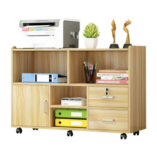 落地可移动办公置物架打印机架实木文件柜多层收纳架带门桌边柜子