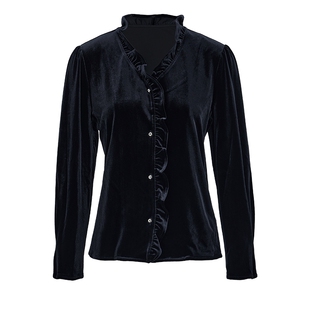 马天奴女装春秋新款黑色丝绒花边领单排扣衬衫衬衣上衣收腰复古