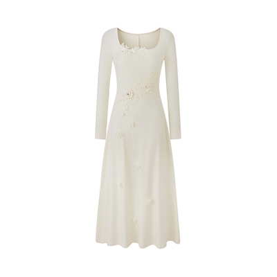 Sun雅乔【京洛佳人】秋冬加厚德绒立体花朵温柔白月光长袖连衣裙