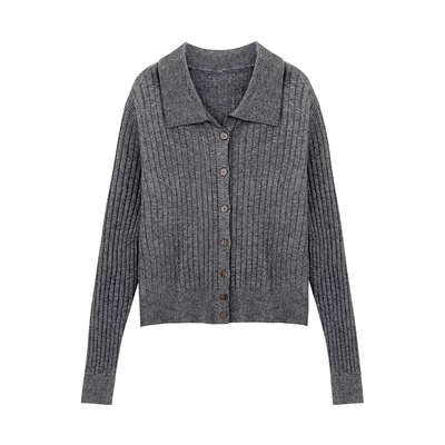 针织纽扣polo领开衫坑条毛衣