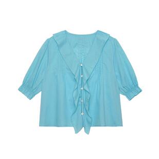 LLANO夏日晴空 花边荷叶领中袖衬衫复古法式短款外搭上衣衬衣女夏