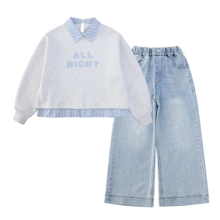 女童秋冬卫衣套装春秋款儿童加绒加厚衬衫领上衣牛仔裤大童两件套