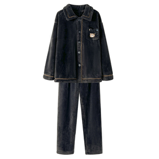 文森熊猫雪花绒秋冬家居服睡衣男士可外穿加绒加厚法兰绒套装