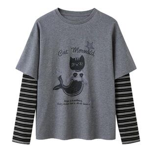 DIDDI MODA舒适宽松层次感美人鱼猫猫假两件圆领长袖t恤女
