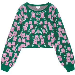 Juicy Couture橘滋针织衫女撞色提花卷边绿色毛衣开衫短外套