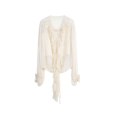 ONMOON 2026春季新款米白法式灯笼袖蕾丝拼接衬衫+半身裙套装