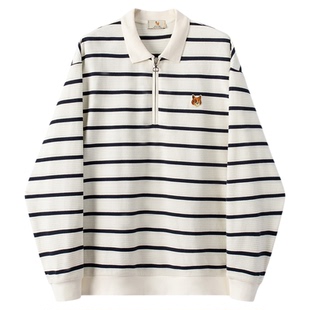 威廉福克斯秋季新型织造工艺立体条纹针织半拉链POLO衫长袖卫衣男