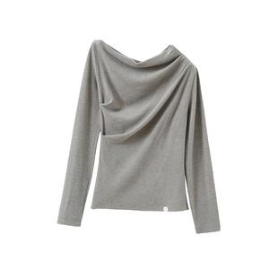 POPCHRIO欧可芮◆绒面斜肩褶皱长袖打底衫T恤一字领露肩上衣女冬