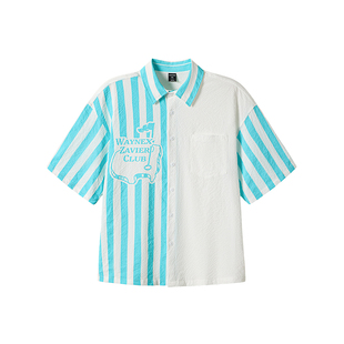 韦恩泽维尔加大宽松大码男夏翻领条纹印花拼接泡泡纱短袖衬衫9088