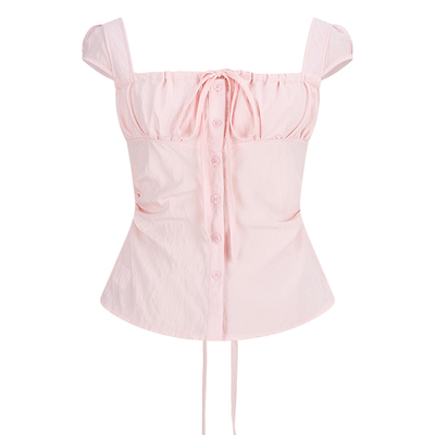 粉色方领短袖衬衫露背上衣设计感