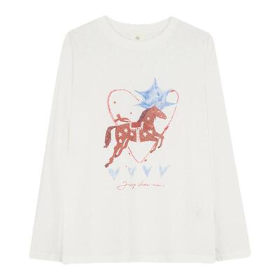 杰茜莱春新款白色小马图案T恤女