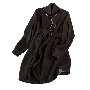 高级感羊毛呢连衣裙女秋冬季收腰显瘦设计感高领长袖系带通勤裙子