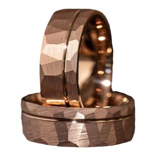 美国代购Band◇手作复古精致玫瑰金锤式拉丝碳化钨情侣结婚戒指