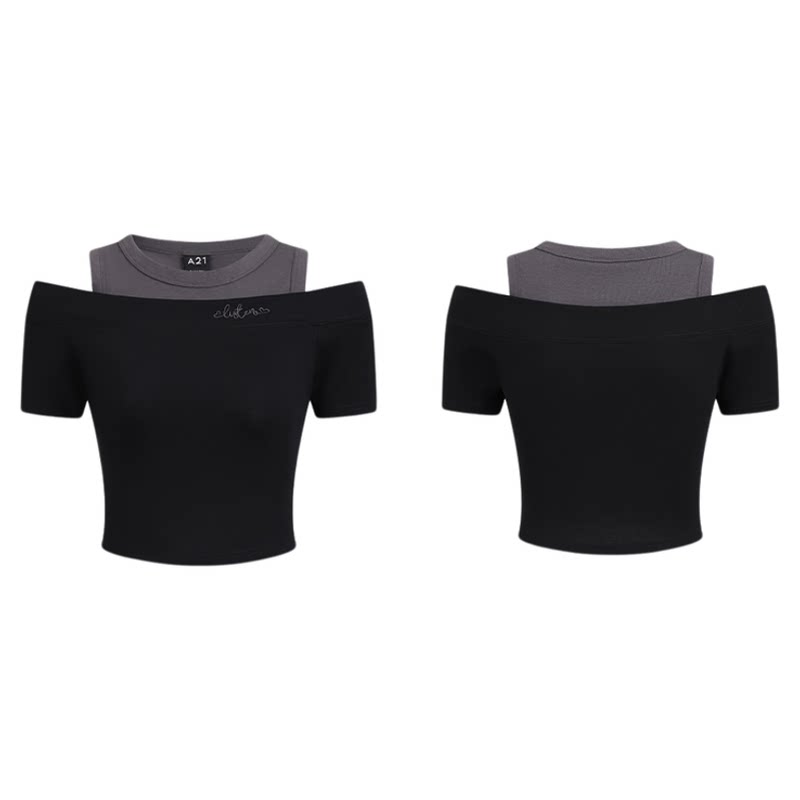 A21假两件短袖T恤夏季吊带马甲撞色设计感短款上衣女