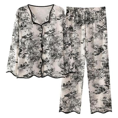 纯棉长袖睡衣女春秋季2025新款带胸垫开衫水墨画高级感时尚家居服