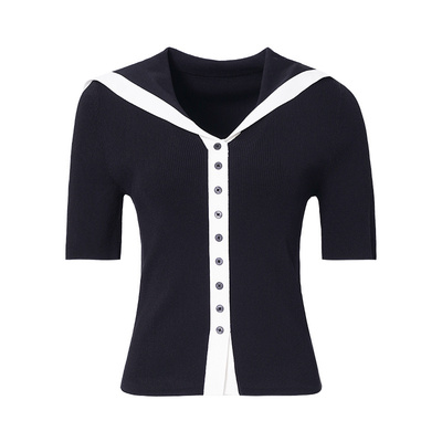 摩凡春夏撞色V领针织开衫女