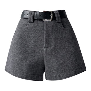 咖色毛呢短裤女秋冬季加厚高腰呢子休闲靴裤小个子外穿a字阔腿裤