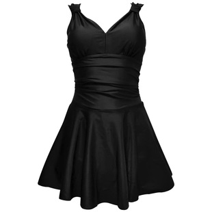 2024新款欧美泳衣大码胖mm遮肉连体200斤裙式平角裤黑色泡温泉V领