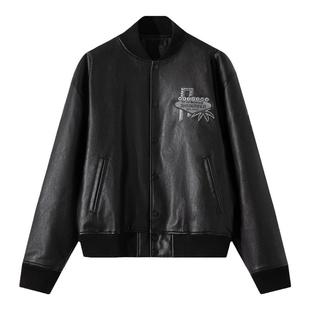 SANBAI 叁佰美式重磅刺绣扑克皮衣秋冬夹克棒球棉服男士拼接外套