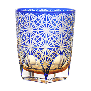 日式江户切子水晶玻璃酒杯威士忌杯手工雕刻工艺家用装饰品蓝雏菊