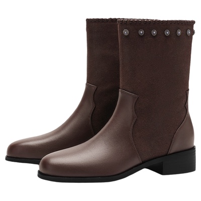 MILLIE S/妙丽法式气质短靴女士冬季加绒复古英伦时尚圆头西部靴