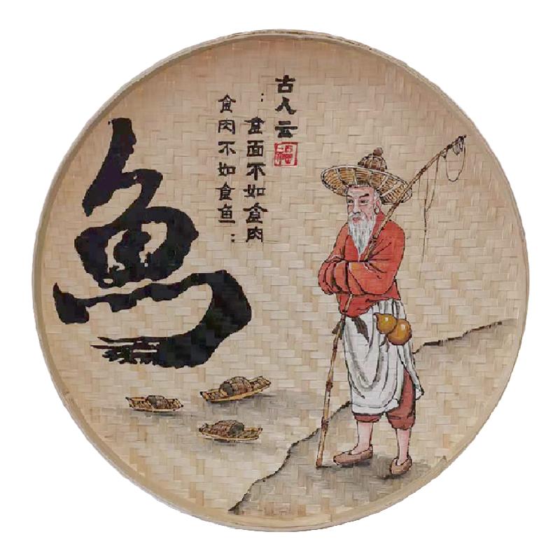 手绘竹编簸箕画创意农家乐墙壁