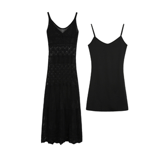 辰米范 黑色针织吊带连衣裙女夏季修身收腰长裙无袖镂空V领背心裙