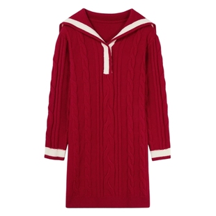 秋水伊人学院风大翻领针织连衣裙女2025新款冬装女装减龄百搭裙子