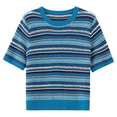 大洪洪【编织时光】春新款条纹短袖圆领针织衫女轻便百搭气质上衣