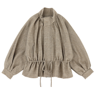 精分 午后茶歇 卡其羊毛呢外套立领收腰 复古灯笼袖短款呢大衣