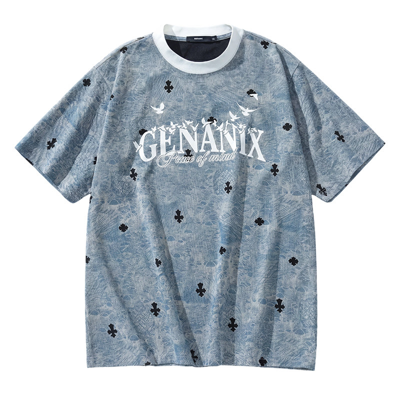 GENANX闪电潮牌水洗做旧蓝短袖2026夏季新款复古字母宽松落肩上衣