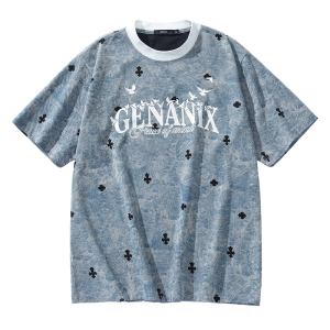 GENANX闪电潮牌水洗做旧蓝短袖2026夏季新款复古字母宽松落肩上衣