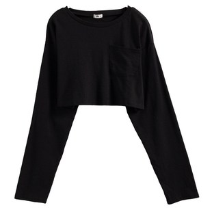 春秋露脐长袖宽松T恤性感高腰短款运动小心机上衣百搭微透漏防晒