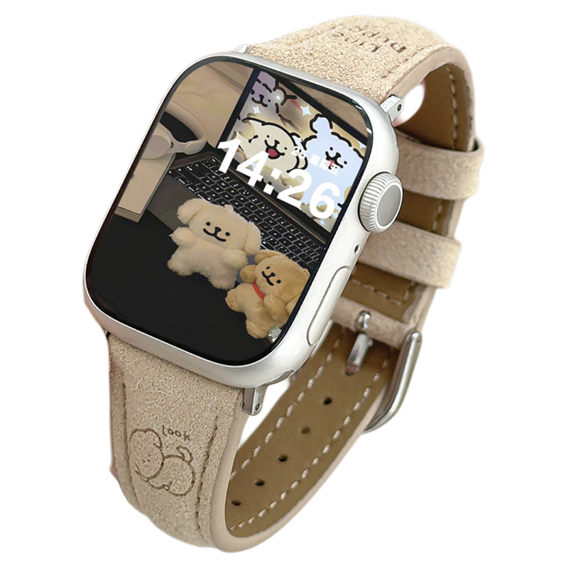 适用iWatchS11卡通小狗翻毛绒皮表带applewatch10/9/8苹果手表秋冬女SE高级ultra印花创意可爱小狗细款皮腕带